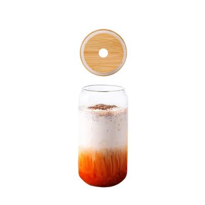 China Viable Bamboo Lids and Straw Beer Can Shaped Drinking Iced Coffee Glass Cup for sale