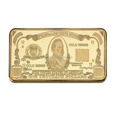 China 1000 Dollars Europe WR 24k Gold Bar Souvenir Bar Currency Collectible Gold Plated American Bill Note Art Crafts Wtih Plastic Case for sale