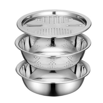 China Viable Stainless Steel Basin Set Grater Thickened Basin Set Three-piece Kitchen Rice Washing Sieve Draining Basin for sale