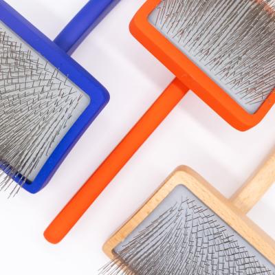 China Viable Pet Grooming Deshedding Cat Hair Remover Stainless Steel Pet Pin Brush Wooden Tool Painless Dog Slicker Brush for Dogs and Cats for sale