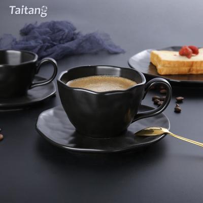 China Sustainable OEM Tea Coffee Cup Set Black Ceramic Coffee Cup And Saucer Set for sale