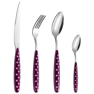 China Stainless Steel Clamp Handle Knives Forks And Spoons Durable High Quality Spotted Plastic Flatware Sets With Multiple Colors Handles for sale