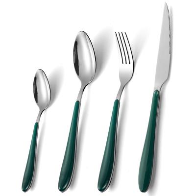 China Best Viable High Quality Modern Stainless Steel Fork and Plastic Spoon Tail Pusher Knife, Fork and Spoon Multi Color Dinnerware Set for sale