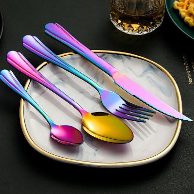 China Sustainable luxury rainbow flower handle stainless steel European and American knife, fork and spoontableware set with multiple color handles for sale