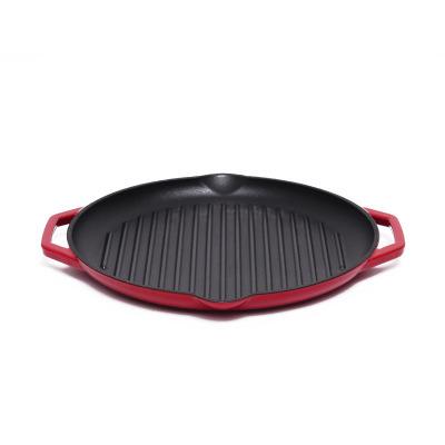 China Factory Viable Hot Sale Red Round Enamel Pan Enamel Pot Cast Iron Grill Steak Casserole for sale