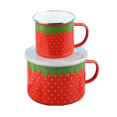 China Sustainable Hot Selling Strawberry Printing Enamel Mug And Cool Bowl With Handle for sale