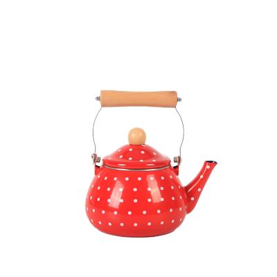 China WITH LID Hot Selling Ball-Shape Enamel Coffee Pot with Handle Wooden Enamel Teapot for Camping for sale