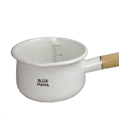 China 1.1L Viable Enamel Milk Pan With Wooden Handle for sale