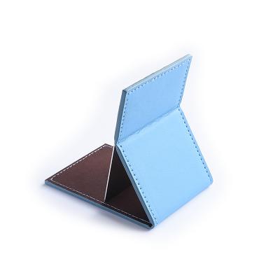 China Folding PU Stand Mirror Stainless Steel Pocket Custom Leather Desktop Portable Unbreakable Mirror for sale