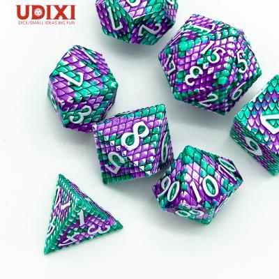 China Udixi DND RPG Polyhedral Metal Dice Set with Dragon Scale Purple &Green for sale