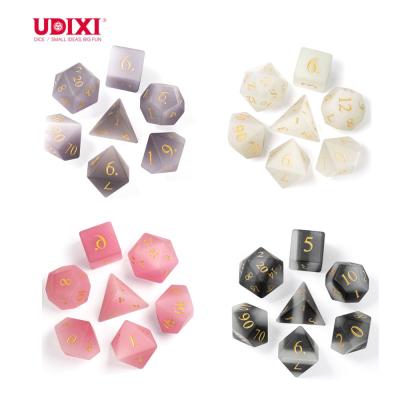 China Udixi Frosted Polyhedral Custom Logo Engraved Dungeons and Dragons Gem Stone Die Set Frosted Cat Eye for sale