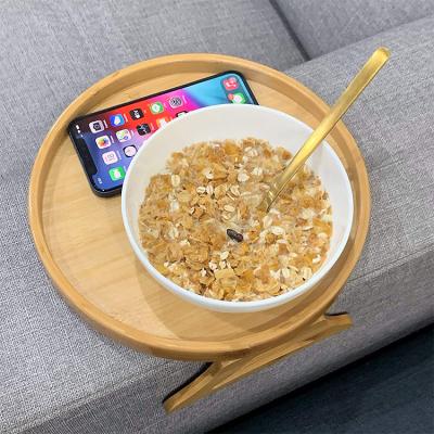 China Viable High Quality Round Circle Bamboo Sofa Armrest Clip-On Food Tray Side Table for sale