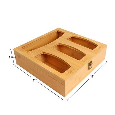 China Sustainable Bamboo Bag Storage Organizer Food Storage Bag Ziplock Holder And Dispenser For Kitchen Drawer With Openable Top Lids for sale