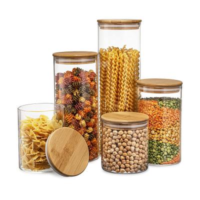 China Freshness Preservation Food Storage Container Natural Bamboo Cereal Dispenser Glass Jars Large For Pasta, Powder, Tea, Coffee for sale