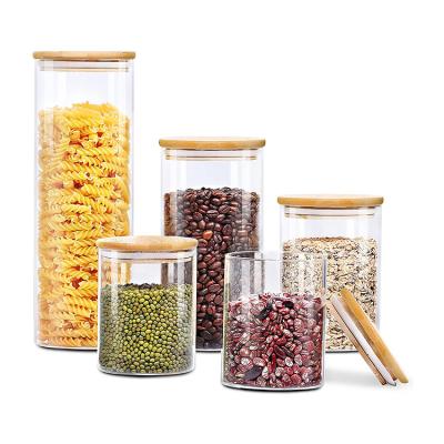 China Freshness Keeping Food Storage Kitchen Airtight Glass Containers Set Food Jars With Bamboo Wooden Lids For Sugar, Candy, Cookie, Spice Jar for sale