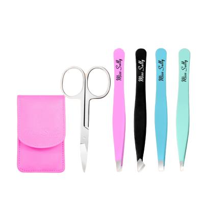 China Portable Professional Private Label Stainless Steel 5pcs Custom Eyebrow Trimmer Tilted Eyebrow Tweezers Set With Scissors for sale