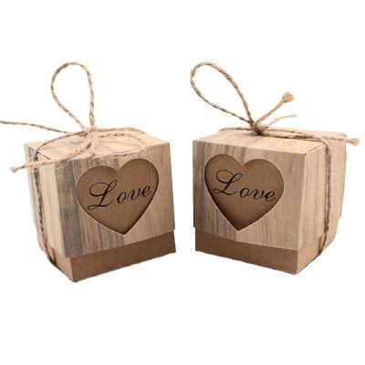 China Recyclable Gift Favor Candy Boxes Printed With Wood Graphic With Heart Shape Window And String for sale