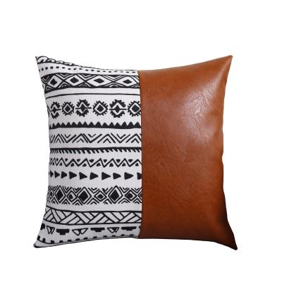 China Vintage Non-Toxic Luxury Faux PU Cotton Patchwork Cushion Leather Look Canvas Cover For Home Decor for sale