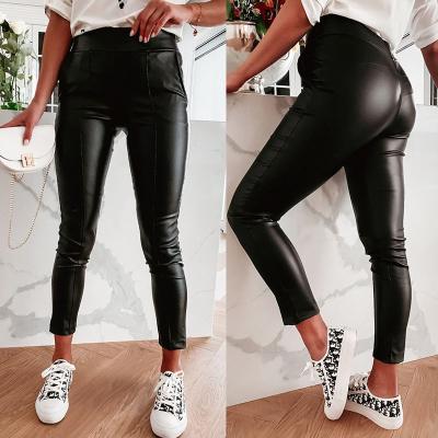 China QUICK DRY Ladies Leather Trim High Waisted Pencil Gaiters PU Leather Pencil Pants Women Skinny Stretchy Pants for sale