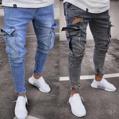 China Breathable Multi Pocket Fringed Slim Fit Denim Pants Casual Mens Slim Destroyed Hole Blue Jeans Pants Mens Ripped Jeans For Men for sale