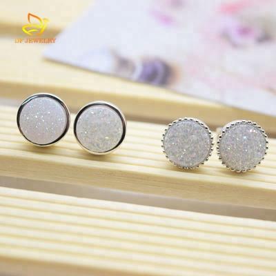 China Popular Unique Round 8.0mm Natural Agate Druzy 925 Silver Stud Earring for sale