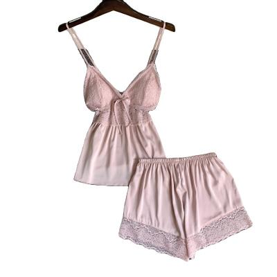 China 2022 Sexy Faux Silk Breathable Suspender Lightweight Soft Shorts Set 2 Pcs Women Sleepwear Pajamas for sale