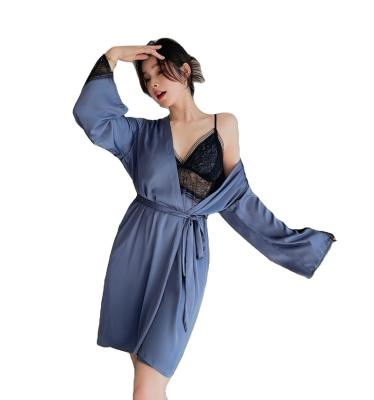 China Customized Sexy Printing Fuax Satin Leisure Wear Nightgown Women Silk Robe Nightgown Breathable Sexy Sleepwear for sale