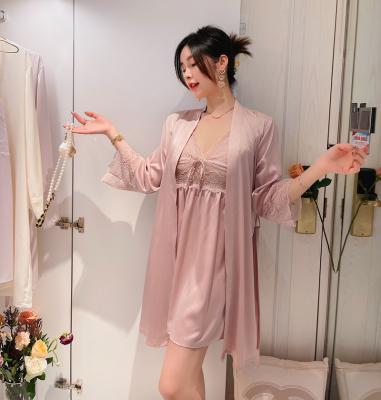 China Wholesale Breathable Sex Women Nightgowns V-Neck Satin Long Robe Set Bathrobe Nightgown Sleepwear 2 Pieces for sale