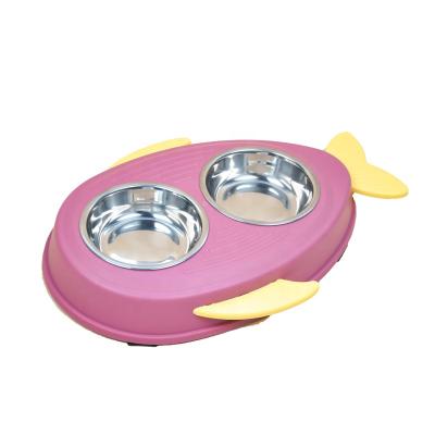 China Viable Double Dog Bowl Fish Train Design High Capacity Stainless Steel Non-Slip Pet Food Water Feeder Pet Supplies for sale