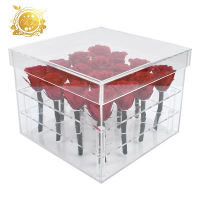 China 2019 Green Environmental Protection Small Clear Acrylic Flower Box With Holes And Stemming Preserved Roses In Acrylic Box for sale