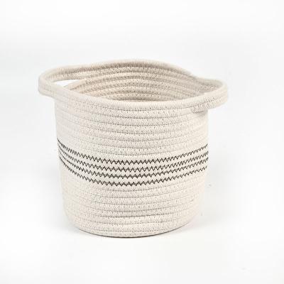 China Sustainable White Black Woven Round Laundry Storage Cotton Rope Basket for sale