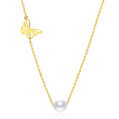 China Luxury Tik Tok Ins Popular Mini Jewel Butterfly 18k Gold Akoya Pearl Pendant Necklace Romantic Girl Light Charm Clavicle Chain for sale