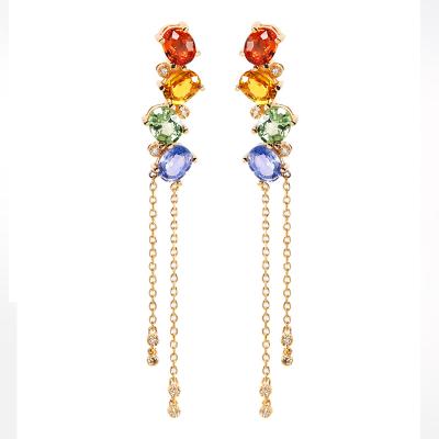 China Long 18k Gold Rainbow FASHION Diamond Stud Earrings Tassel Color Sapphire Pendant Women for sale