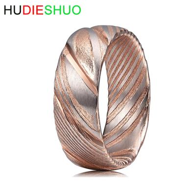 China FASHIONABLE 8mm Damascus Steel Mens Wedding Ring Domed Grooved Wood Grain Bold Hand Forged Ring for sale