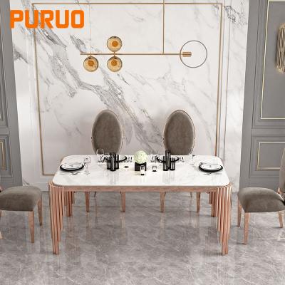 China New Design PURUO Luxury Dining Room Furniture Stainless Seel Base 8 Seaters Marble Rectangular Dining Table for sale