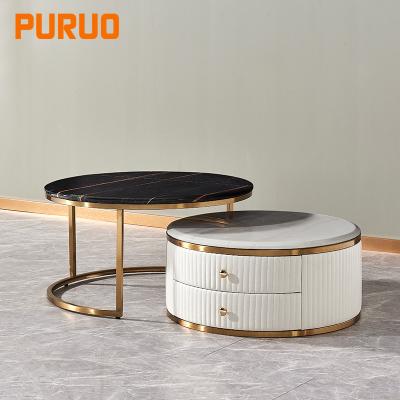 China New Design PURUO Modern Wrought Iron Metal Interlocking Coffee Table Living Room Marble Top Round Coffee Table for sale