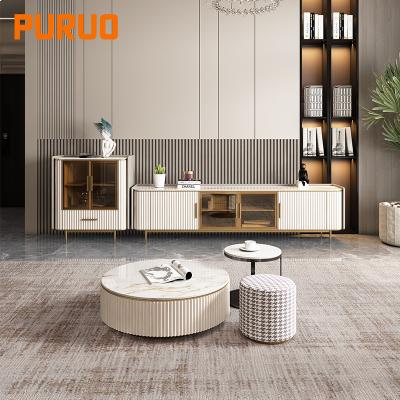 China New Design PURUO Furniture New Gold Luxury Modern Metal White Marble Top Wooden TV Cabinet Tempered Glass TV Stands for sale