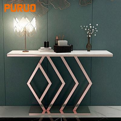 China PURUO Luxury Convertible TV Console Cabinet Gold Stainless Steel White Marble Mirrored Console Table for sale