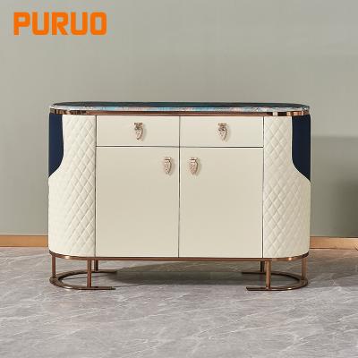 China New Design PURUO Luxury Modern Hot Sale Metal Mirrored Gold Stainless Steel MDF Marble Console Table for sale