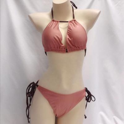 China Breathable Ruched Triangle Strappy 2 Piece Bikini Set Backless Open Micro Swimsuit for sale