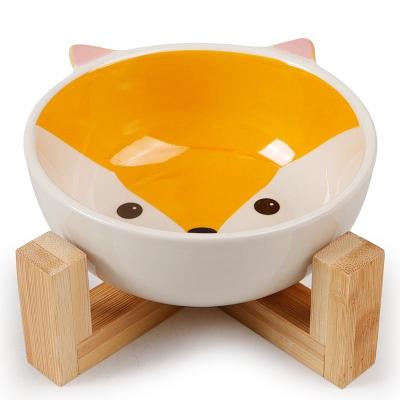 China 2022 Hot Selling Cute Sustainable Pet Food Water Bowl Pet Shaped Ceramic Bowls With Bamboo Holder for sale