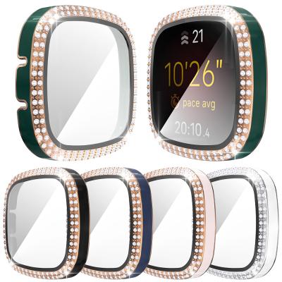 China Two Rows Diamond Style Screen Protector Glass Film Cover For Fitbit Versa 3 2 Sense Case Two Color Women Watch Case Diamond Hard PC Edge Slim Shell Bumper for sale