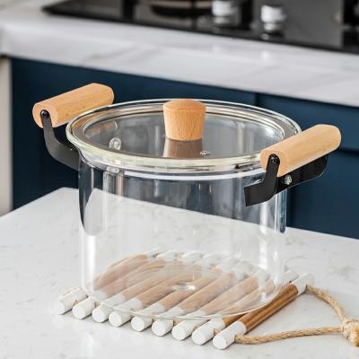 China High Borosilicate Heat Resistant Transparent Glass Cooking Soup Pan With Wooden Handle Pots Kitchen And Cover Housewares for sale