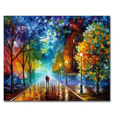 China Waterproof Canvas Painting Romantic Landscape Walking in the Rain Road Palette Knife Oil Paintings for sale