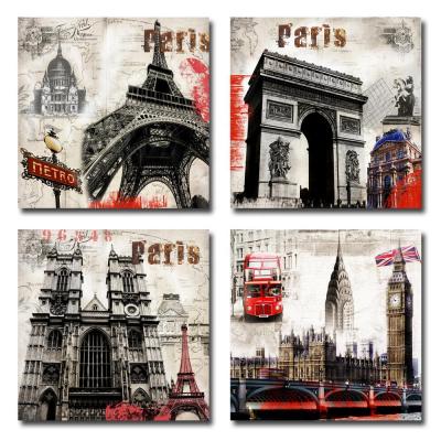 China Free Sample Wall Art 4 Panels Impressionist Canvas Art Living Room Decoration Famous European Buildings for sale