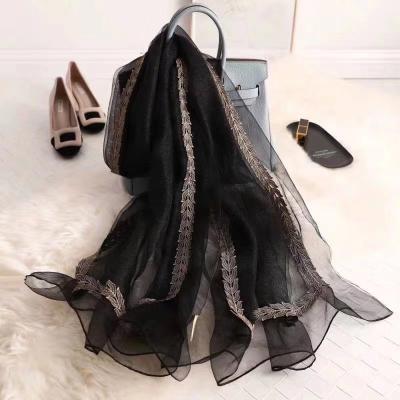 China New feeling woolen scarf three-tone color embroidered flower dress women's clothing reversible shawl wool silk scarf for sale