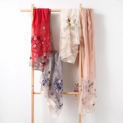 China Customized color silk wool hijab embroidery reversible scarf popular feeling Hangzhou wool women beach pashmina soft smooth silk scarf lovely feeling for sale