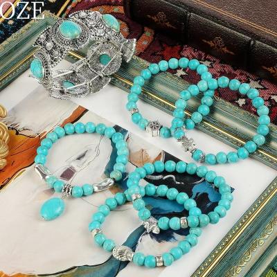 China BOHEMIA Women's Antique Rgentium Plated Basic Heart Compressed Turquoise Beaded Bracelet Fashion Jewelry for sale