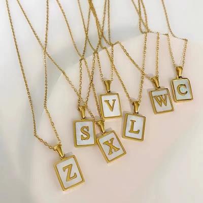 China Vintage CLASSIC Rectangle Shell Initial Pendant Necklace Natural Stainless Steel A-Z Initial Letter Necklace for sale