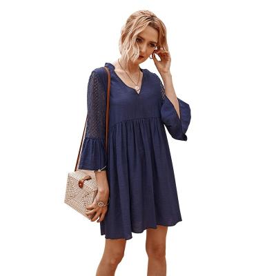 China Plus Size Women Summer Autumn Casual Ruffle Yellow Dresses Plus Size Dress V Neck Shirt Dresses With Lace for sale